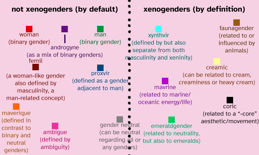 Non-xenogender genders and explanations on one side [labeled as “not xenogenders (by default)”] and xenogenders and explanations on the other side [labeled as “xenogenders (by definition)”]. On the non-xenogender side, there are woman (binary gender), man (binary gender), androgyne (as a mix of binary genders), femil (a woman-like gender also defined by masculinity, a man-related concept), proxvir (defined as a gender adjacent to man), maverique (defined in contrast to binary and neutral genders), ambigue (defined by ambiguity) and gender neutral (can be neutral regarding all or any genders). On the xenogender side, there are xynthvir (defined by but also separate from both masculinity and xeninity), faunagender (related to or influenced by animals), creamic (can be related to cream, creaminess or heavy cream), mavrine (related to marine/oceanic energy/life), coric (related to a “-core” aesthetic/movement) and emeraldgender (related to neutrality, but also to emeralds). The identities are represented by squares that tend to be close to genders they are related to, such as androgyne being in-between binary genders and emeraldgender being close to gender neutral even if the latter is on the other side of the chart.