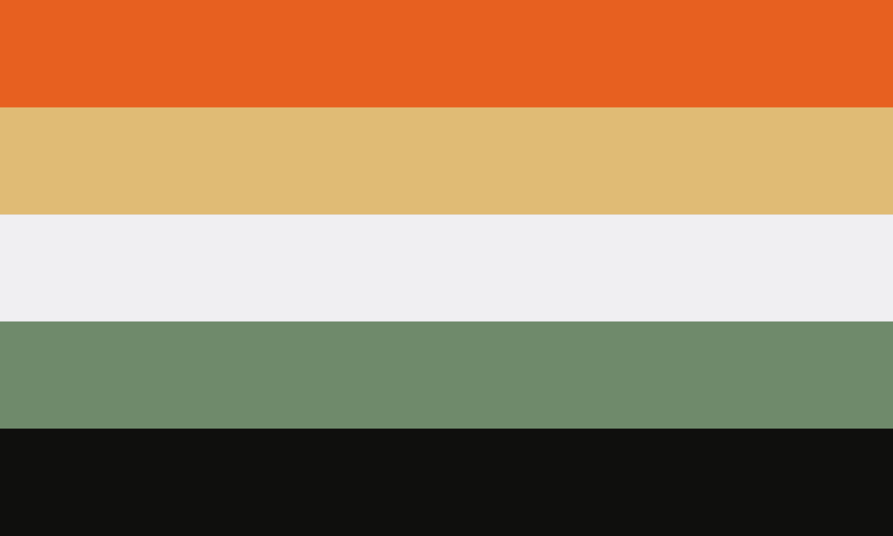 Retângulo composto por cinco faixas horizontais, nas cores laranja, bege, cinza clara, verde musgo e preta.