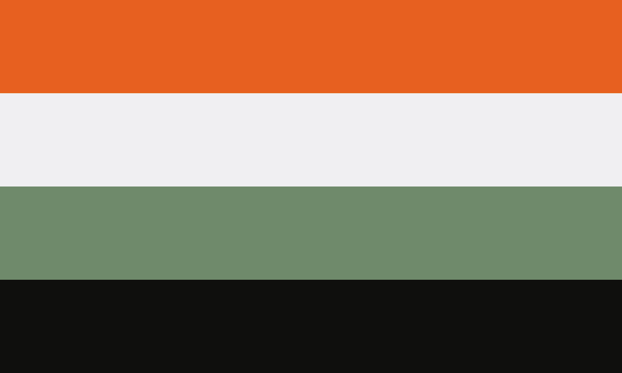 Retângulo composto por quatro faixas horizontais, nas cores laranja, cinza clara, verde musgo e preta.